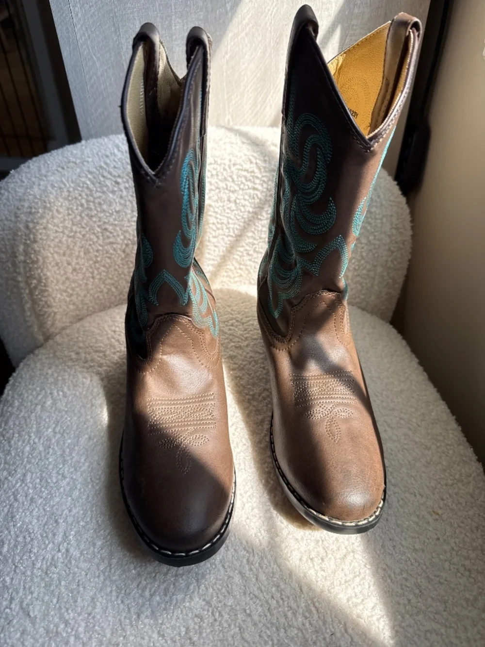 Kids Brown Cowboy Boots with Teal Stitching - Classic Western Style